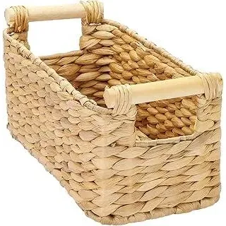 HMF Aufbewahrungskorb Badezimmer, Korb geflochten aus Wasserhyazinthe mit Holzgriffen | 30 x 15 x 13 cm