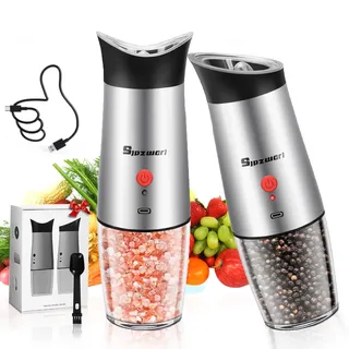 Salz und Pfeffermühle Elektrisch Set: - USB Aufladbar Pfeffermühle Elektrische - Edelstahl Salzmühle Gewürzmühle Elektrisch Set, Einstellbare Grobheit, Einhandbedienung, 2 Pcs