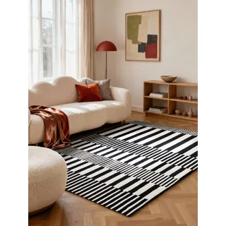 ELLE DECORATION Pulse schwarz, weiß, B:160cm H:12mm L:230cm, Oberfläche: 100% Wolle. Rückseite: 100% Baumwolle, Teppiche, Wollteppich, Wolle, Natur, Wohnzimmer, Schlafzimmer, – 160x230 cm