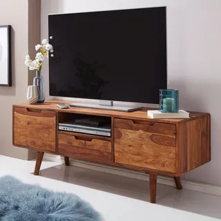 FineBuy TV Lowboard Holz Fernsehkommode Massiv Landhaus Fernsehschrank TV Bank - Braun