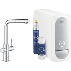 GROHE Blue Home Starter Kit (Küchenarmatur mit Filterfunktion, für Sprudelwasser, WLAN, L- Auslauf + integrierter CO2- Flasche), chrom