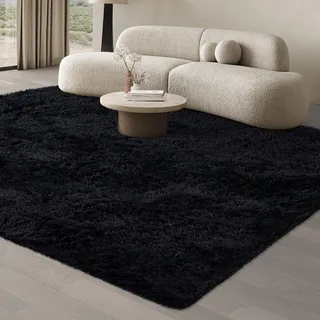 JOJOSEE Hochflor Teppich Wohnzimmer, 200 x 300 cm Anti-Rutsch Wohnzimmerteppich, Waschbarer Flauschiger Teppich für Schlafzimmer & Kinderzimmer, Schwarz