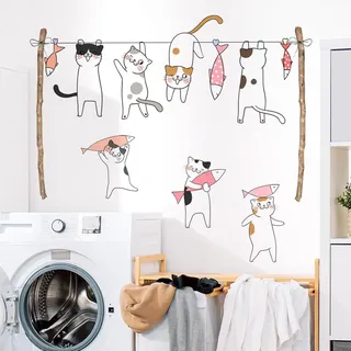 Tanlaby Cartoon Katze Stehlen Fisch Wandsticker Trocknen Wäscheleine Wandtattoo Selbstklebend Wandaufkleber Abnehmbare Wand Kunst Aufkleber für Waschküche Kinderzimmer Schlafzimmer Wanddekoration