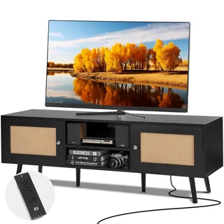 Vevor Rattan-TV-Ständer für 165 cm Fernseher, Boho-TV-Ständer mit Rattantür, Fernsehschrank mit eingebauter Steckdose und USB-Anschlüssen, moderne TV-Konsole für Wohnzimmer, Medienraum, schwarz