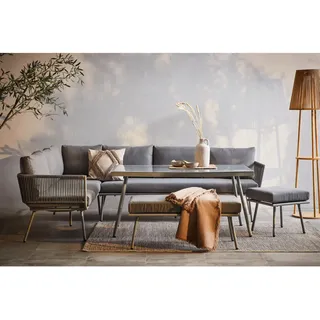 Ambia Garden Dining-Loungeset , Grau , Metall, Kunststoff, Glas, Textil , 5-teilig , Füllung: Schaumstoff,Polyester , 190x65x252 cm , Tisch mit Glasplatte, Hocker umfunktionierbar zu Tisch , Gartenmöbel, Gartengarnituren, Gartenmöbel-Sets