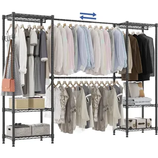 Himimi Teleskopstange Kleiderständer mit 4 Kleiderstangen und 6 Höhenverstellbaren Regalen 1 Haken Teleskop Regalsystem B (182-240) x H180 cm Anpassbar an Unterschiedlichste Räumlichkeiten Schwarz