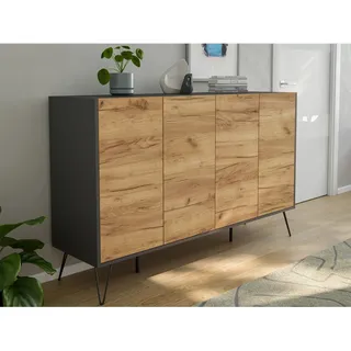 Posseik Sideboard Industrial P 4 Schubladen 4 Türen 155 cm Grafit Eiche Front