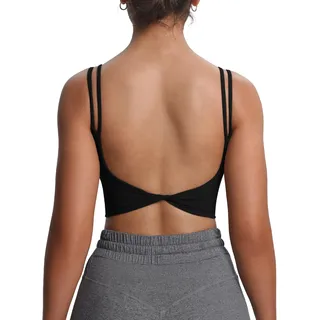 Aoxjox Damen Workout Sport BHS Fitness Gepolstert Rückenfrei Yoga Crop Tank Top Twist Back Cami, Schwarz, Medium
