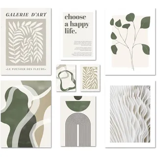ARTFAVES® Poster Set - GREEN MID CENTURY - mehrteilige Wanddeko Wohnzimmer & Schlafzimmer - 8 moderne Wandbilder Abstrakte Formen, grün, beige - ohne Bilderrahmen
