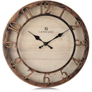 Lafocuse 30cm Wanduhr ohne Tickgeräusche mit Große Erhöhte 3D-Ziffern, Rustikale Landhausstil Stille Wanduhr Vintage Dekorativ für Wohnzimmer Schlafzimmer Küche, Braun