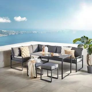 Ambia Garden Dining-Loungeset , Anthrazit, Schwarz , Metall, Glas, Textil , 16-teilig , Füllung: Schaumstoff,Faserbällchen , L-Form , 245x172 cm , Tische mit Glasplatte , Gartenmöbel, Gartengarnituren, Gartenmöbel-Sets