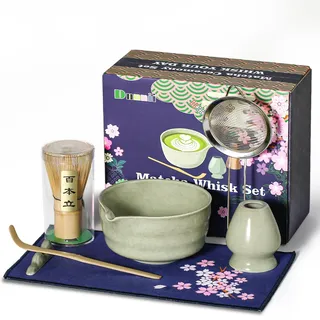 Dnnnii Matcha-Schneebesen-Set, 7-teiliges Keramik-Matcha-Set mit Matcha-Schüssel, Schneebesen und Halter, Bambusschaufel, Schaufelablage, Sieb und Geschirrtuch, Matcha-Liebhaber, Geschenk für Familie