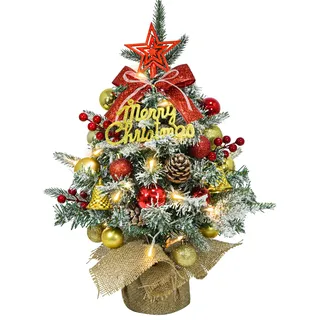Mini Weihnachtsbaum Künstlich mit LED, 45cm Kleiner Weihnachtsbaum Geschmückt mit Kunstschnee und Ornamenten, Mini Tannenbaum für Weihnachten Deko(Rot Silber Gold)