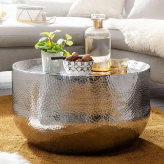 FineBuy Design Couchtisch rund 60 cm aus Metall silber Handgefertigter Aluminium Wohnzimmertisch mit Hammerschlag Orientalischer runder Alu Sofatisch - Silber