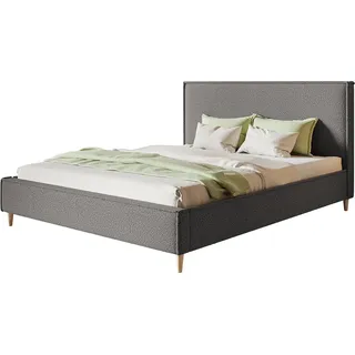 Polsterbett LUX RICO mit Kopfteil, 140 x 200 cm, Doppelbett mit Lattenrost aus Holz, Boucle-Stoff Grau, Füße in Farbe: Braun - Grau, Braun