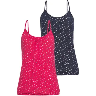 Spaghettitop LASCANA "mit Raffung am Ausschnitt", Damen, Gr. 44/46, blau (navy, pink), Obermaterial: 95% Viskose (LENZINGTM ECOVEROTM), 5% Elasthan, gemustert, lässig geschnitten, Rundhals, Tops Spaghettitop, Sommertop aus weichem Viskose-Stretch, Topseller