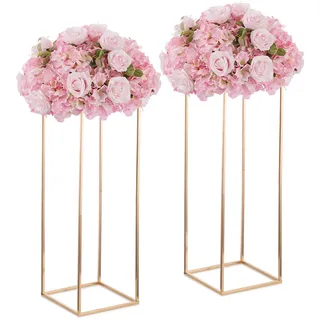 Inweder Gold Metall Blumenständer, 80 cm, mit Metallplatte, 2 Stück | Geometrische Metallsäule, Hohe Bodenvase für Hochzeit, Tischdekoration, Jahrestag, Party, Wohnzimmerdekoration
