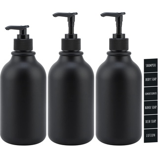 Segbeauty Matt Dispenser, 3 Stück 500ml Schwarz Seifenspender Set für Lotion Shampoo Duschgel, Spülmittelspender zum Befüllen mit Etiketten, Nachfüllbar Plastikflasche für Küche Bad -Runddüse