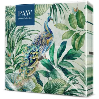 Paw Decor Collection PAW - Servietten 3-lagig (33 x 33 cm) I 20 Stück I Perfekt für Geburtstage, Partys, Hochzeiten, Kommunion und Feiern I Papierservietten Bunt - Sommer, Pfau, Laub I Farbe: Peacock