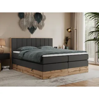 MKS Meble King Boxspringbett 140x200 mit Bettkasten Eiche, Polsterbett 140x200 mit Matratze H3, Bett 140x200 mit Rahmen in Wotan Eiche und Kopfteil - Dunkelgrau Kunstleder - Bellissimo King - Grau