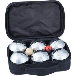 Relaxdays Boule Set 6 Kugeln aus Metall, Zielkugel & Abstandsmesser, Petanque mit Tragetasche, silber/schwarz
