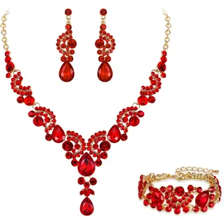 EVER FAITH Kristall Schmuckset Hochzeits Braut Art Deco Floral Teardrop Halskette Ohrringe und Armband Set Gold-Ton Rot