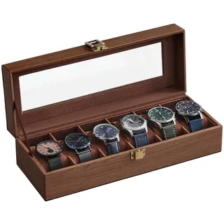 SONGMICS Uhrenbox mit 6 Fächern, Uhrenbox, Glasdeckel, abnehmbare Kissen, Schloss aus Metall, Beschichtung in Braun und Futter in Braun JWB006K01