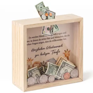 Spardose Holz, Spardose Taufe 16 x 16 cm Kinderspardose Holz Bilderrahmen Geldgeschenk Kinder Holzspardose für Junge Mädchen Taufe Kommunion Jugendweihe Abitur 3D Bilderrahmen