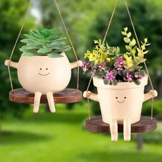 Domensi Blumentöpfe mit schwingendem Gesicht, niedlicher Blumentopf für lebende Pflanzen, für den Innen- und Außenbereich, Kunstharz, Sukkulentententöpfe für Schnur, schöne Blumentöpfe mit