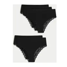 Womens M&S Collection 5pk Cotton & Lace High Waisted Brazilian Knickers - Black, Black - 16
