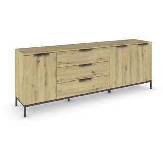 Rauch Möbel Flipp, Sideboard, TV-Schrank, Kommode mit Stauraum, mit Metallkufe graphit, Eiche Artisan, Holz, 3-türig, Glastüren, 3 Schubladen, Griffe graphit, 199x72x42cm