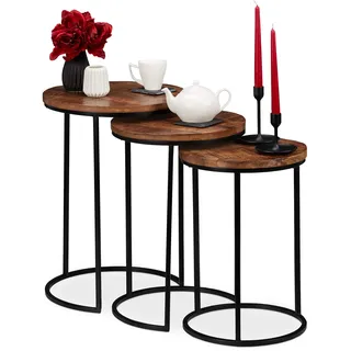 Relaxdays Satztisch 3er Set, runde Beistelltische, Mangoholz, Industrie Design, schwarzes Metallgestell, 3 Größen, natur