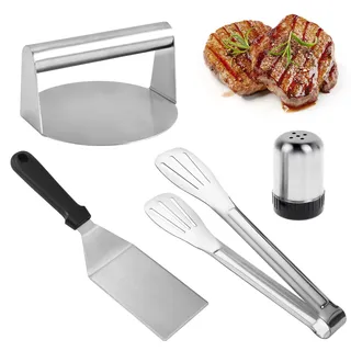 AROMUJOY Burger Smasher, Smash Burgerpresse Edelstahl, Hamburgerpresse, 4PCS Smash Burger Set, Burgerspatel, Gewürzstreuer, Zange, Grillzubehör Grillbesteck für Grillen, Steak, Squeeze Grease