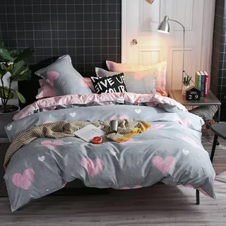 Freyamy Bettwäsche 135x200cm 2teilig Grau Rosa Herz Bettwaren-Sets Gebürstet Microfaser Weiche Wendebettwäsche Romantisch Einzelbett Bettbezug mit Reißverschluss und Kissenbezug 80x80cm