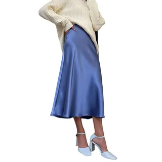 JACTZ Satinrock Frauen Seide Satin Rock Sommer Elegante Lange Röcke Hohe Taille A-Linie Schöne Gril Midi Rock