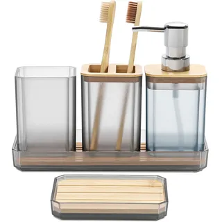 FEILANDUO Badezimmer-Zubehör-Set, 5-teiliges Badezimmer-Zubehör-Geschenk-Set, Seifenspender, Seifenschale, Zahnbürstenhalter, Zahnputzbecher, Schminktisch-Tablett, Boho, Moderne Badezimmer-Dekoration