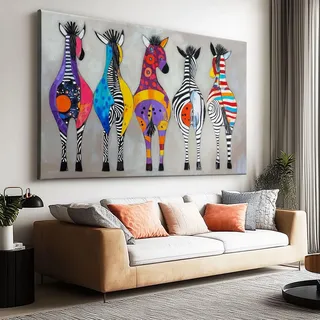Leinwandbild Groß Ungerahmt 90x60 cm - Bunte Zebras Pop Art Abstrakt - Modernes Tier Wandbild für Wohnzimmer & Esszimmer - Canvas Poster