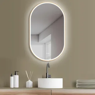 HOKO Beschlagfrei LED Badspiegel 45x75 cm / 75x45 cm Zagreb mit Goldener Metallrahmen, HOCH+QUER Montage. Ovaler Lichtspiegel+Touch Schalter. - Gold