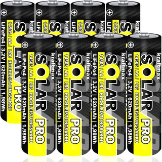 8 er Pack SOLAR pro Mignon AA Akkus - wiederaufladbare Batterien - 3,2V / 1,92Wh / 14505 - LiFePo4 Hochleistungs- Akku Batterie speziell für Solarlampen | Solar Lichterkette | Solarleuchte | Leuchte