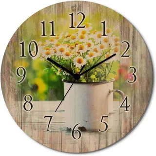 ARTland Holz Wanduhr Funkuhr - schwarzer Zeiger Frühlingsgarten mit Echter Kamille Größe: 30x30 cm - Grün