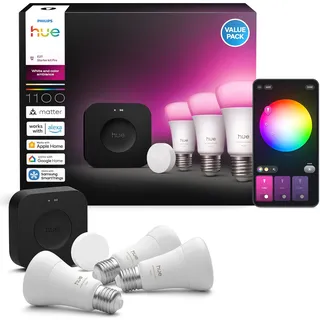 Philips Hue Starter Kit: Bridge Pro + 3 E27 Smarte Glühbirnen + Smart Button, White and Color Ambiance, Smart Light Hub, kompatibel mit Alexa, Google Assistant, Samsung SmartThings, Apple Home