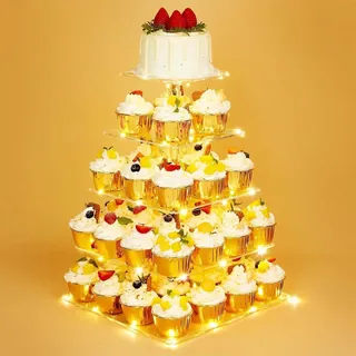Ulifeme 5 Etagen Cupcake Ständer, Gelb LED Lichterkette de Tortenständer Acryl für Hochzeit, Party, Geburtstag, Baby Duschen & Kuchen Dessert, Torten Etagere 5-stöckig, Quadrat Cupcake Stand