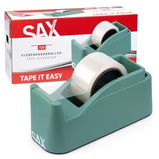 Sax Tape it Easy XXL Einhand Klebeband Abroller extra Schwer | für 1x 50mm Band oder 2x 25mm Band, Paketbandabroller mit Stiftehalter Funktion, rutschfest, inkl. doppelseitige Klinge, Salbeigrün