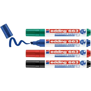 edding 663 Whiteboardmarker Set - bunte Farben - 4 Whiteboard Stifte - Keilspitze 1-5 mm - Boardmarker abwischbar - für Whiteboard, Flipchart, Magnettafel, Memoboard - Sketchnotes - nachfüllbar