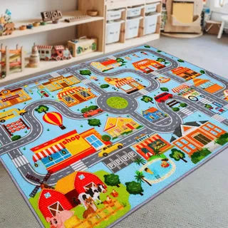 DINSUMRUG Autoteppich für Kinder, Kinder-Auto-Spielmatte, extra rutschfester Verkehrsstraßenteppich, pädagogische Automatte mit Stadtplan, Blue Sky, 150 x 200 cm (Rechteckig)