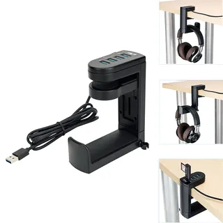 KIWIFOTOS Kopfhörerständer mit USB-Hub, Untertisch-Headset-Aufhänger mit 4 USB-Anschlüssen (1 USB 3.0 + 3 USB 2.0) & Kabelclip, 360° drehbare verstellbare Headset-Halterung für Kopfhörer