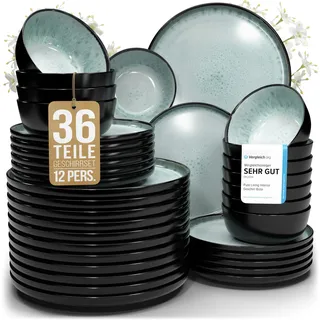 Steingut Geschirrset 12 Personen Ibiza 36 tlg. TESTSIEGER, Traumhaftes Mediterranes Steingut Geschirr Set, Schüssel- und Teller Set, Tafelservice 12 Personen, Geschirrsets Pure Living in Salbeigrün