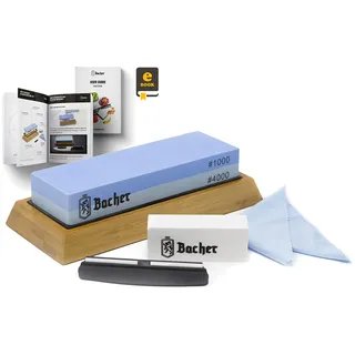 Bacher Premium Schleifstein. Zweiseitig, Körnung 1000/4000 Wetzstein Abziehsteine. Messerschärfer Wasserstein mit rutschfestem Bambusblock, Läppstein, Schleifhilfe und detaillierter eBook-Anleitung