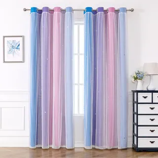 Freyamy Wohnzimmer Gardinen Blau Lila Rosa Glänzend Sterne Vorhänge Halbtransparent 130x100 (HxB) Ösenvorhang 2er Set Farbverlauf Gardinen mit Farbverlauf Vorhang verdunkelungsvorhang