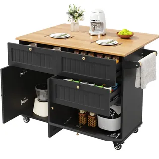 Okwish Kücheninsel mit Ausziehfunktion Speicherraum Küche 133 x 70x 88cm schwarz